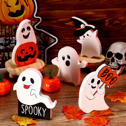 5 Pcs Halloween Ghost Table Decorations Cute Ghost Decor Indoor Wooden Witch Boo Centerpieces Spooky Tiered Tray Pumpkin Signs Fall Rustic Decor for Party Shelf Display(Cute Style)