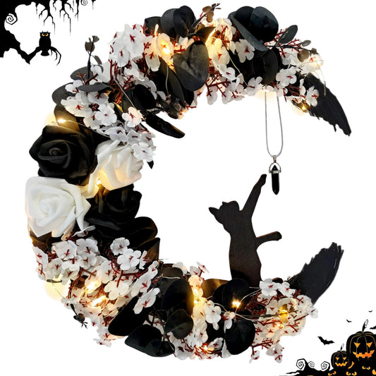 Halloween Wreath for Front Door with Light, Handmade Half Moon Garland Hanging Decorative Rose Floral Cat Wreath Holiday Farmhouse Home Decoration for Outdoor, Wall, Closet, Fence (Black White Rose)
