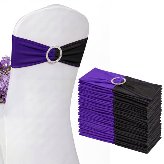 Moukeren 12 Pcs Black and Purple Spandex Chair Sashes Halloween Party Stretch Chair Ties Bows with Buckle Slider Blocking for Halloween Holiday Birthday Party Banquet Decoration