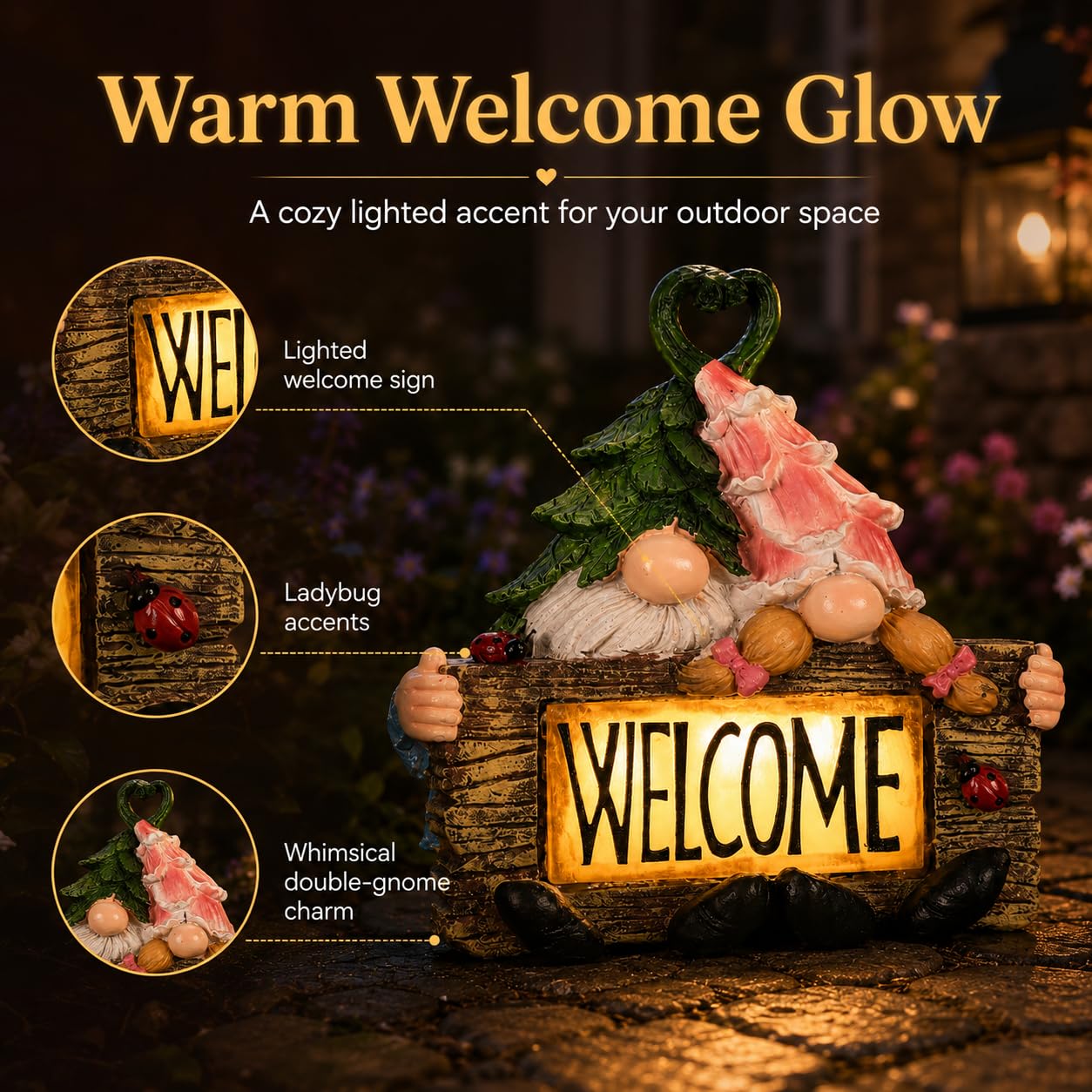 Garden Gnome Statue with LED Lights,7.5 Inch Resin Couple Gnome Figurine with Heart Topper & Welcome Sign,Outdoor Garden Decor for Patio,Lawn,Yard,Ideal Gift for Garden & Gnome Lovers (Green)