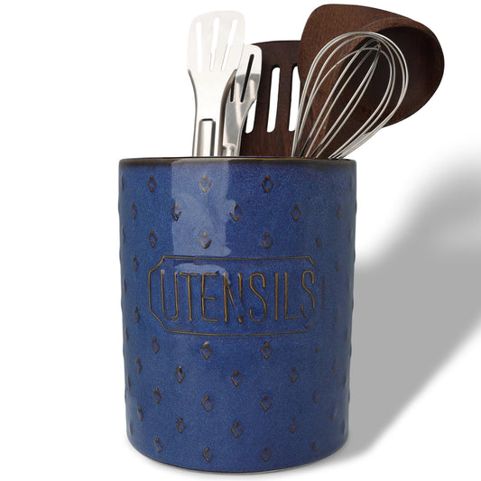 GDCZ 7 Inch Utensil Holder, Ceramic Utensil Crock for Countertop, Cooking Tool Organizer for Kitchen Counter, Farmhouse Kitchen Decor (Blue)