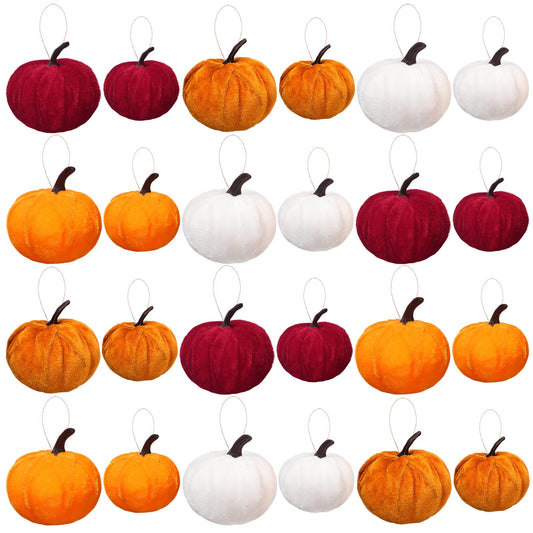 Sotiff 24 Pcs Fall Mini Tree Ornaments Pumpkin Hanging Ornaments Glitter Foam Ball Fabric Wrapped Small Fake Pumpkins Mini Ball for Autumn Home Thanksgiving Christmas Decors (Rustic)