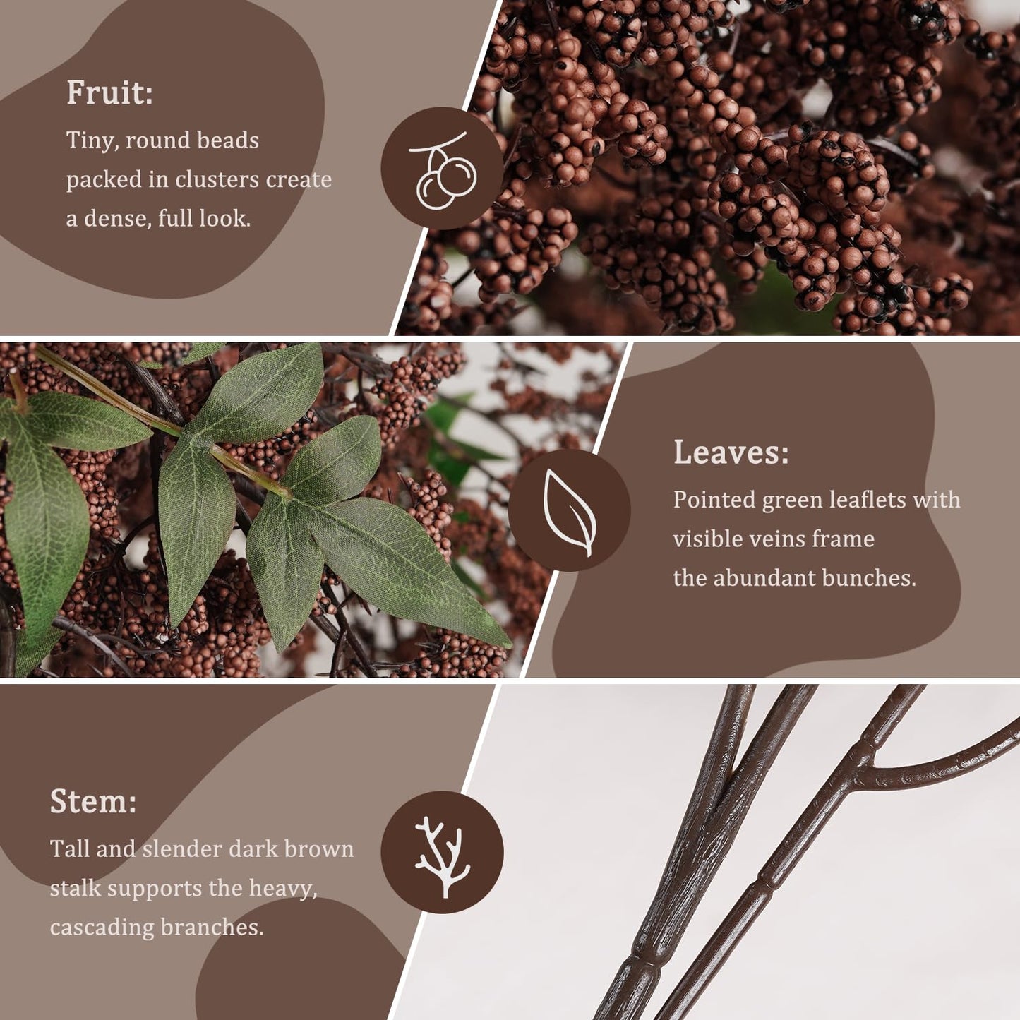 Miaikoe 1 Pcs Artificial Berry Stem 36" Realistic Flowers Picks Branches Faux Stem Spray DIY for Holiday Seasonal Farmhouse Mantel DIY Home Decorations (Dark Brown)