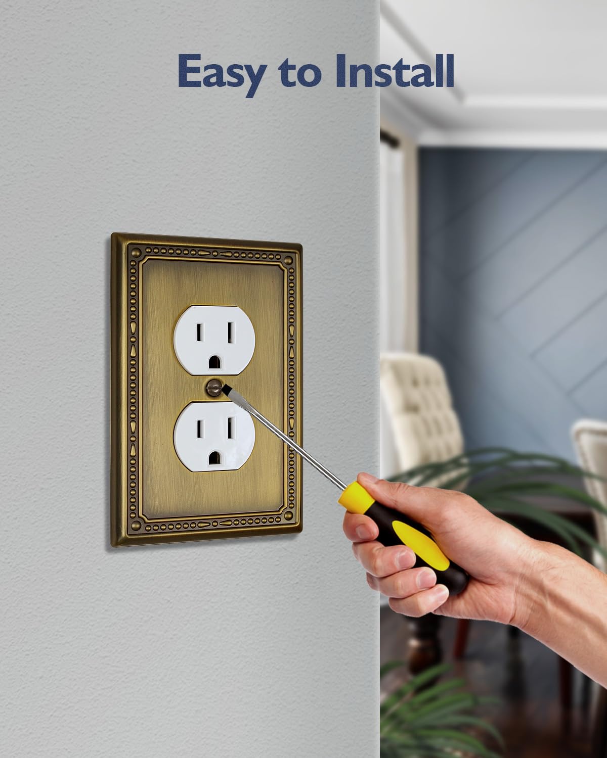 ZILLSEA 4-Pack Antique Brass Outlet Covers, Metal Duplex Wall Plates for Electrical Outlets, Light Switches, Decorative Pearl Design, 3.15''*4.88'', Midsize