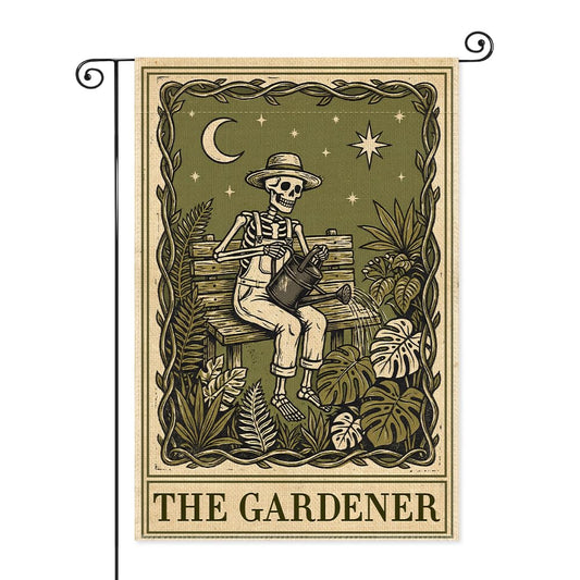 SRWNFOS The Gardener Garden Flags for Outside, Gothic Garden Flag for Plant Lover, Spooky Yard Banner for Gardener, Funny Skeleton Planting Lawn Yard Sign Decor, Halloween Gifts for Family Friends