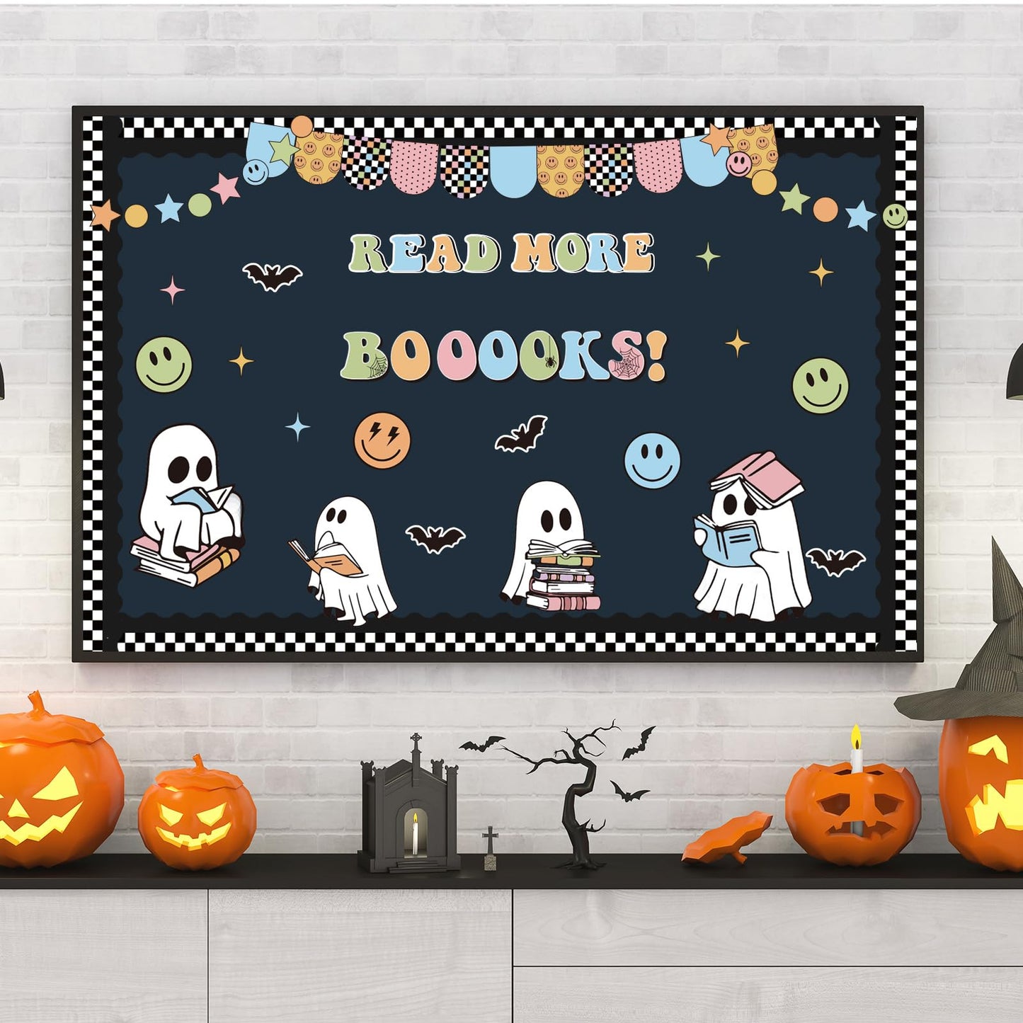 JarThenaAMCS 89 Pcs Halloween Bulletin Board Decoration Set Ghost Book Paper Cutouts with Glue Points for Party School Nursery Classroom Chalkboard Office Home Wall Decor
