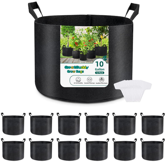 GreatBuddy Grow Bags 10 Gallon 12-Pack, Heavy Duty Fabric Grow Bags with Handles for Vegetables, Herbs, and Tomatoes, Fabric Pots & Planting Bags for Outdoor Home Gardening