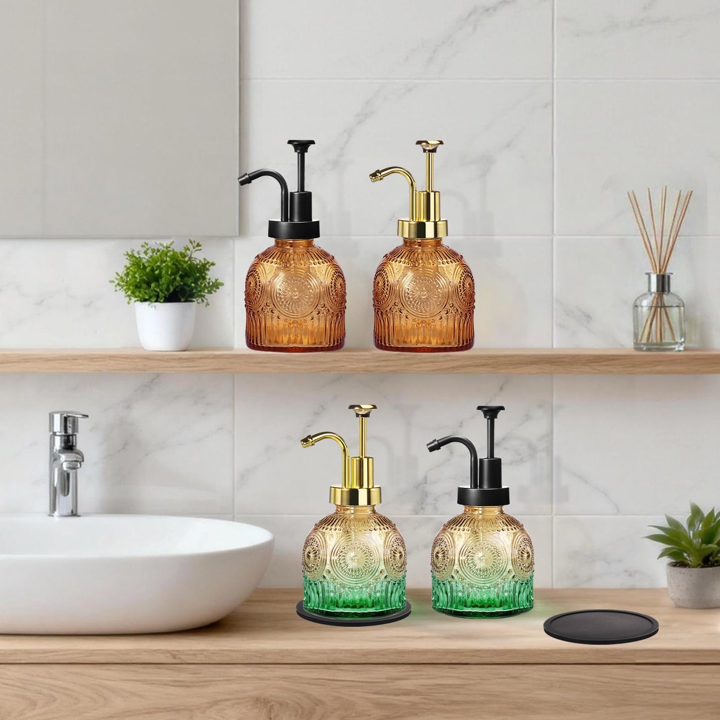 Amolliar 8 Oz Vintage Glass Bathroom Soap Dispensers with Pump, 2 Pack Refillable Kitchen Dish Soap Dispenser with Non-Slip Mat, Antique Rustic Hand Soap Liquid Bottle (Brown-Black Pump)
