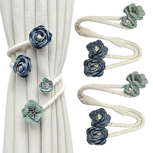 Flower Curtain Tie Backs, Flexible Curtain Holdbacks Clips Cute Twist Bough Handmade Curtain Tieback Decorative Rope for Besdroom Window Treatment (2, Rose Flower Blue)