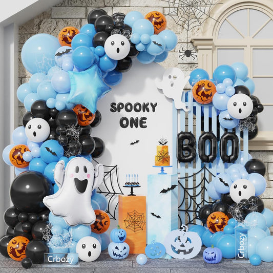 A Little Boo Is Almost Due Balloon Arch Kit, Black Blue Orange Latex Balloons with Boo and Ghost Foil Balloons, 152 Pcs for A Little Boo Is Almost Due Baby Shower Halloween Birthday Party Decorations