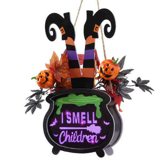 Lighted Halloween I Smell Children Hanging Sign Decoration, Door Hangers Wreath Decoration with Led Lights, 2AA Battery Operated Halloween Decor for Indoor Home Outdoor Front Door