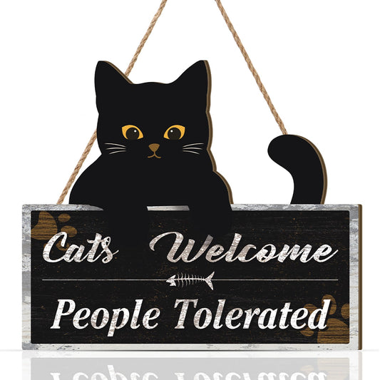 Ausril Black Cat Door Sign,Cat Welcome People Tolerated Door Decor,Funny Welcome Wall Plaque,Gifts For Cats Lovers,Halloween Black Cats Wooden Hanging Sign,Kitty Wall Decor for Home Room Porch Yard