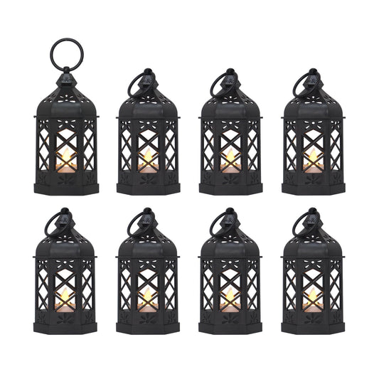 LLQ (8Pack-5Inch) Mini Lantern with Flickering LED Candle for Table Centerpiece, Black Halloween Decorations, Small Hanging Decorative Lantern for Wedding Christmas, Fall Garden Party Decor for Home
