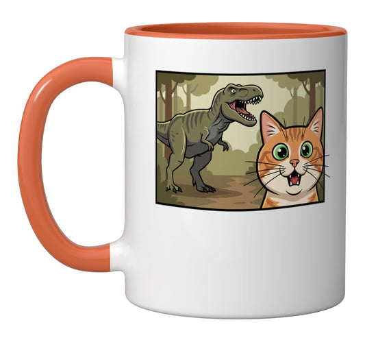 Mythical & Prehistoric Cat Vs Comic Panel Dinosaur Art Ceramic Mug, Orange/White