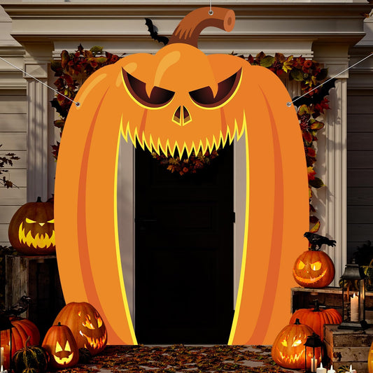 3 PCS Halloween Door Decoration Large Hanging Backdrop Scary Pumpkin Door Covers Hanging Banner Porch Sign Horror Halloween Photo Props Background Pumpkin Archway Front Decor for Classroom Office Home