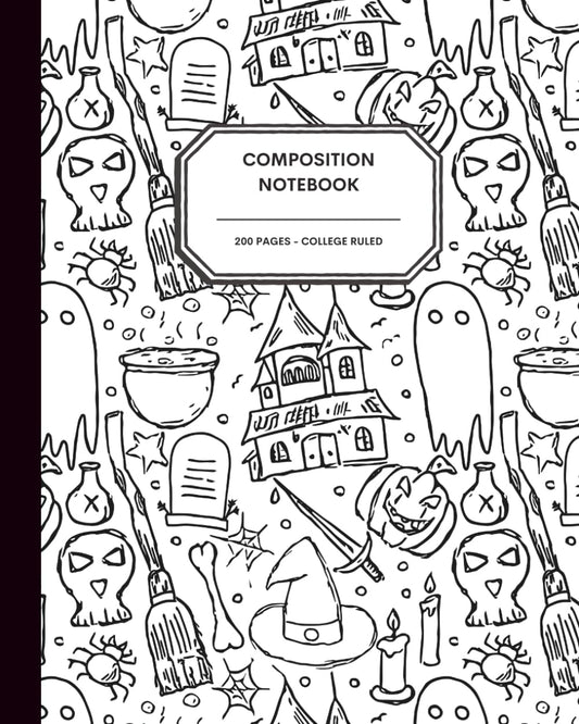 Cute 'N Spooky Halloween Notebook Journal – 200 College Ruled Pages – Black Halloween Doodle Icons on White Cover – Seasonal Writing Journal for Fall Lovers, Teens, Adults & Creative Spirits