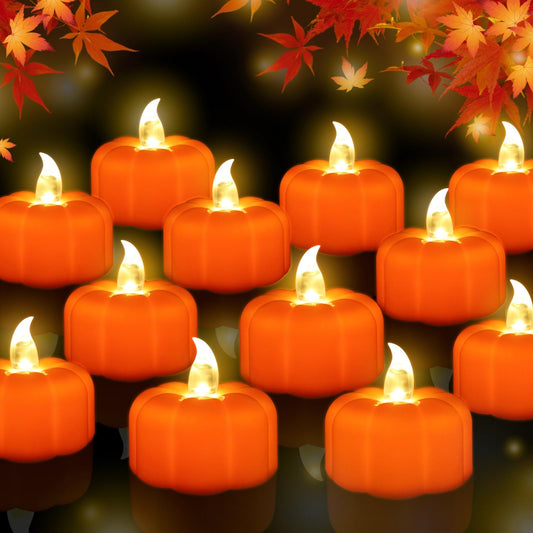 CESOF Pumpkin Tea Lights Fall Decorations, 12 Pack LED Orange Pumpkin Lights Flameless Candles Battery Operated, Halloween Thanksgiving Flickering Tealight Candle for Home Table Indoor Party Decor