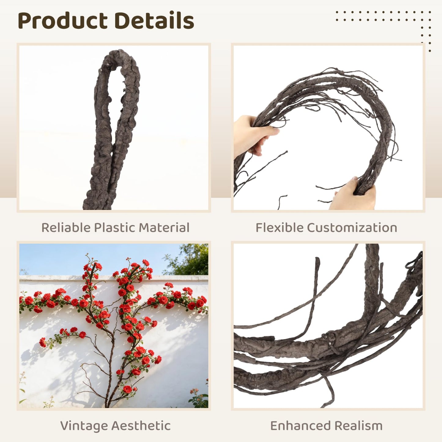 9.8 Ft Brown Artificial Grapevine Garland, Small Faux Tree Trunk Garland with Flexible Branches, Realistic Reptile Habitat Decoration for Wedding, Party, Home Decor