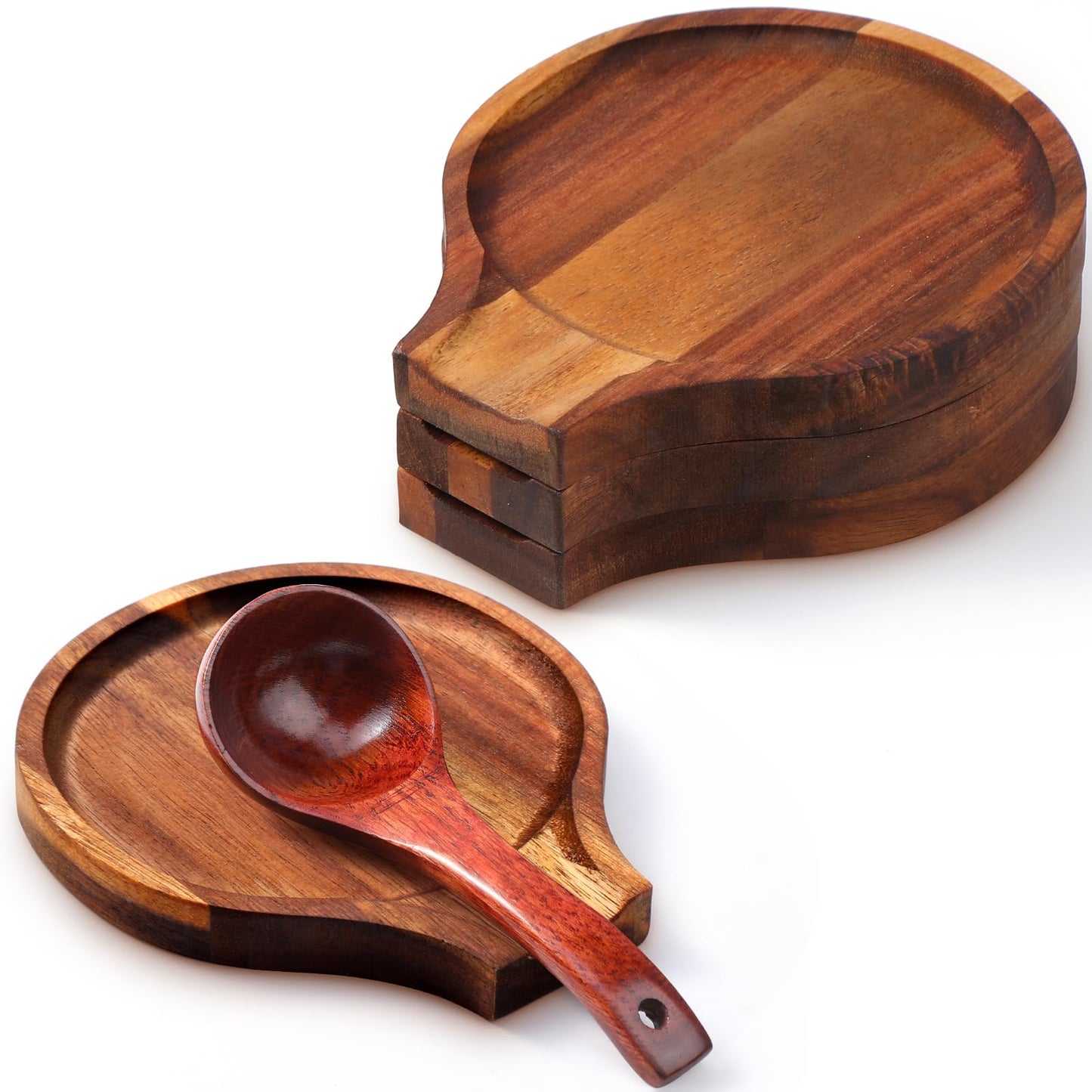 Honeydak 4 Pcs Acacia Wood Spoon Rest for Stovetop Handmade Smooth Wooden Kitchen Spoon Holder for Ladles Tong Cooking Accessories Housewarming Gifts(Retro Style)