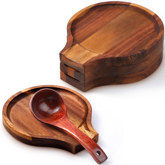 Honeydak 4 Pcs Acacia Wood Spoon Rest for Stovetop Handmade Smooth Wooden Kitchen Spoon Holder for Ladles Tong Cooking Accessories Housewarming Gifts(Retro Style)
