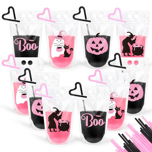 JarThenaAMCS 36 Set Halloween Drink Pouches Pink Black Cute Clear Plastic Juice Pouches 4 Designs Drink Bags Handheld with Straws for Halloween Birthday Baby Shower Party Adults Alcohol