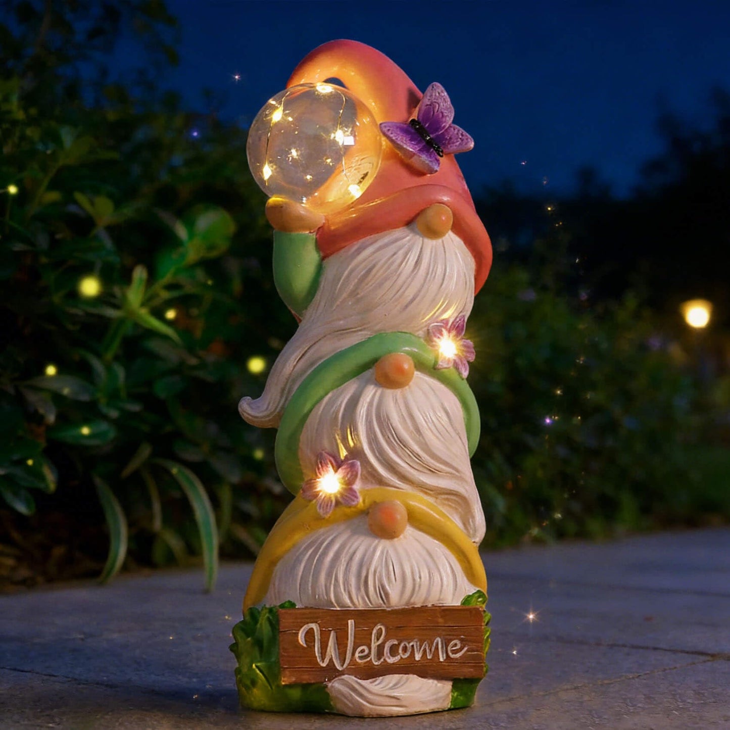 Large Garden Gnome Statues Solar Lights, Waterproof Outdoor 3 Stacked Spring Gnomes Sculptures Gifts Idea for Birthday Mother Father Day Christmas Thanksgiving 12 Inch Welcome Sign Porch Decor