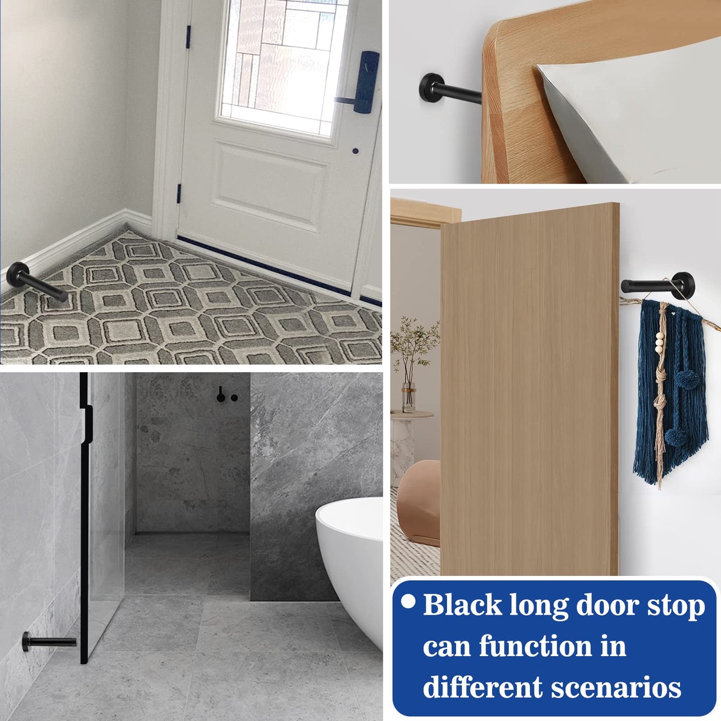 8 Inch Door Stop, Extra Long Door Stopper, Wall Mounted, Black Doorstops Extended Door Holder Protection, Stainless Steel Door Stops Bumper Rubber Tips Sound Dampening