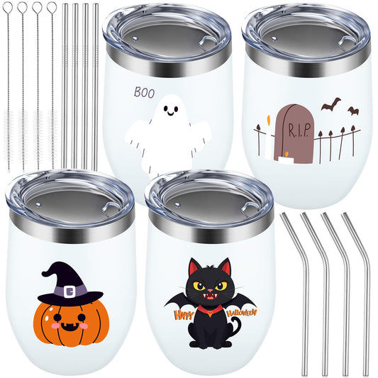 Singhoow 4 Set Halloween Themed Insulated Wine Tumbler 12 oz Stainless Steel Eggshell Cup Pumpkin Ghost RIP Tombstone Cat Bat Gifts for Anniversary Birthday Gifts for Mom Women Colleagues