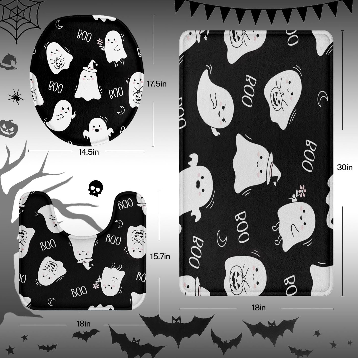 Britimes Halloween Cute Ghost Bathroom Rug Set of 3, 3 Pieces Bath Mats Set, Black Funny Horror No Silp Washable Cover Floor Rug Decorations for Kitchen Bathroom Bedroom