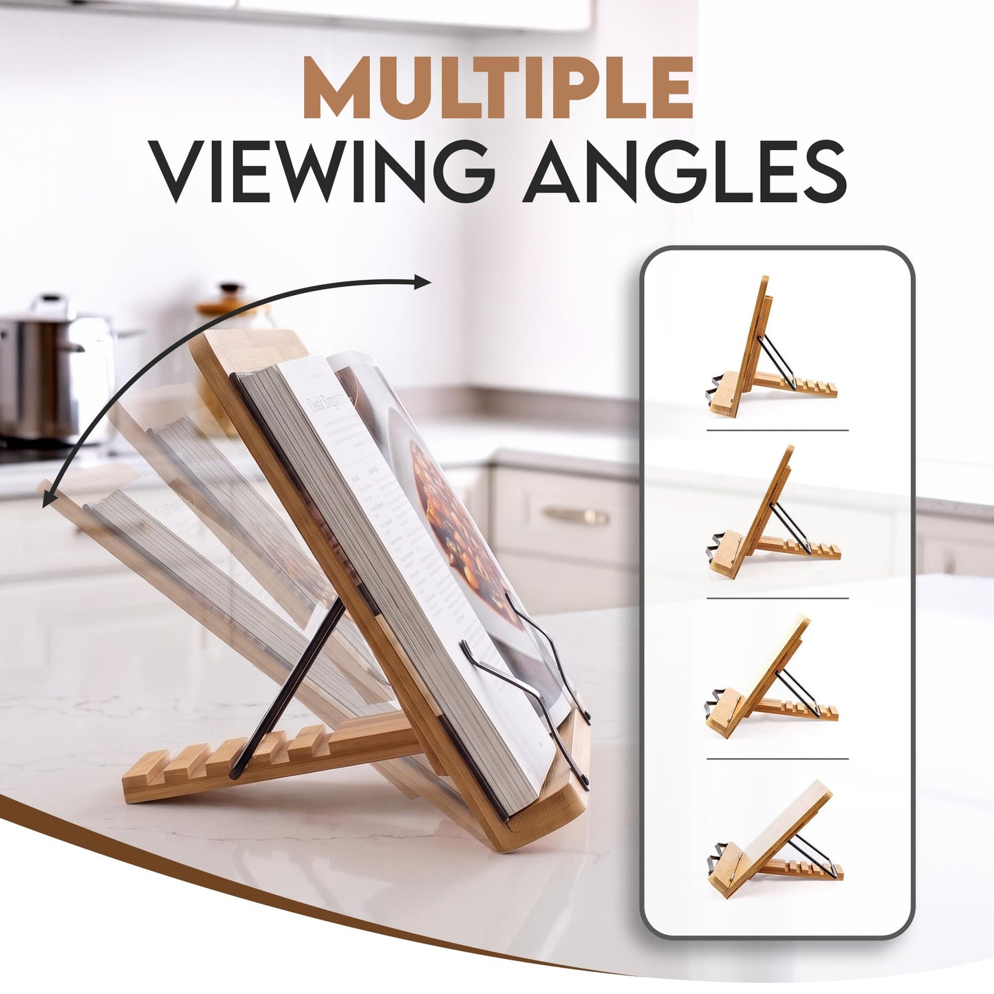 Bamboo Cookbook Stand Large, Adjustable Book Holder Tray and Page Paper Clips - Walnut Color Large - 4-Position Recipe Book Stand Holds Thick Books for Kitchen Counter, Reading, Studying - Foldable