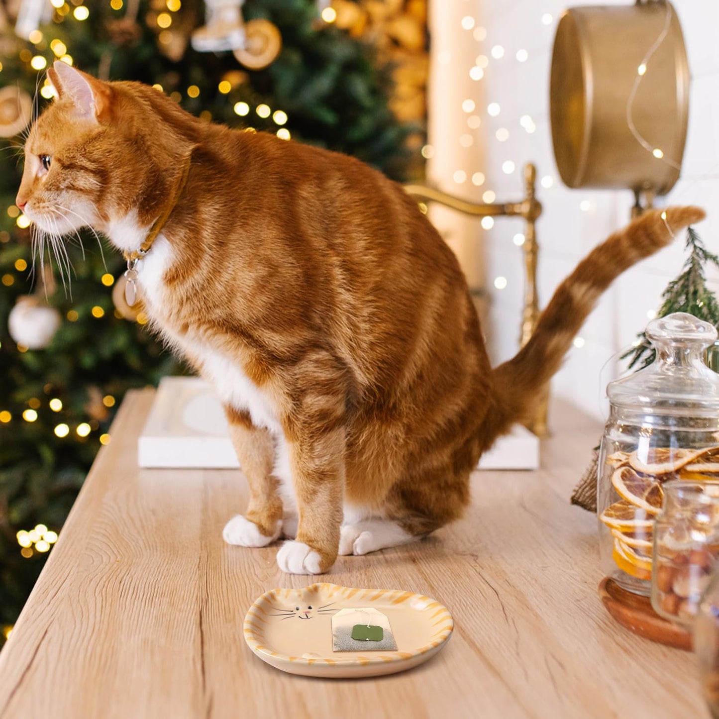 Acellegic 4 Inch Cat Tea Bag Holder Dish Coaster Ceramic Cats Spoon Holder Rest Tea Lover Gifts Soap Coaster for Home Party Decoration(Orange Tabby Cat)