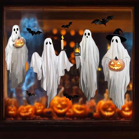 JarThenaAMCS Extra Large Halloween Ghost Window Clings Vintage Watercolor Ghost Black Bat Window Stickers Double-Sided Glass Decals for Home Classroom Office Party Decoration, 4 Sheets
