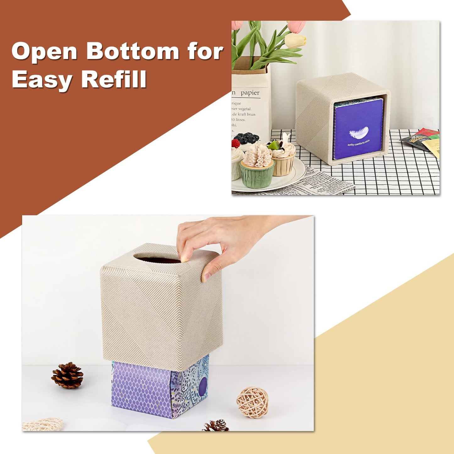 Twill Texture Tissue Box Cover Square, Resin Facial Tissue Holder Covers Square Cube Tissue Box Holder with Open Bottom for Bathroom Vanity Tops, Bedroom Dressers, Kitchen Countertop, Travertine Beige