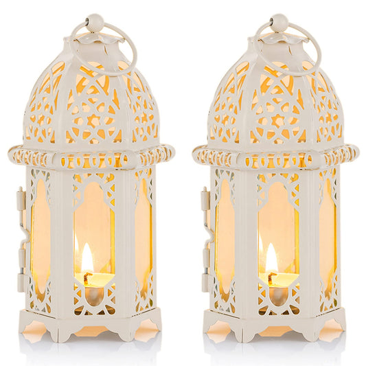 NUPTIO 2 Pcs Moroccan Style Candle Lantern - Small Sized Tealight Candle Holder with Transparent Glass Panels Great for Patio, Indoors/Outdoors, Events, Parties and Weddings, White