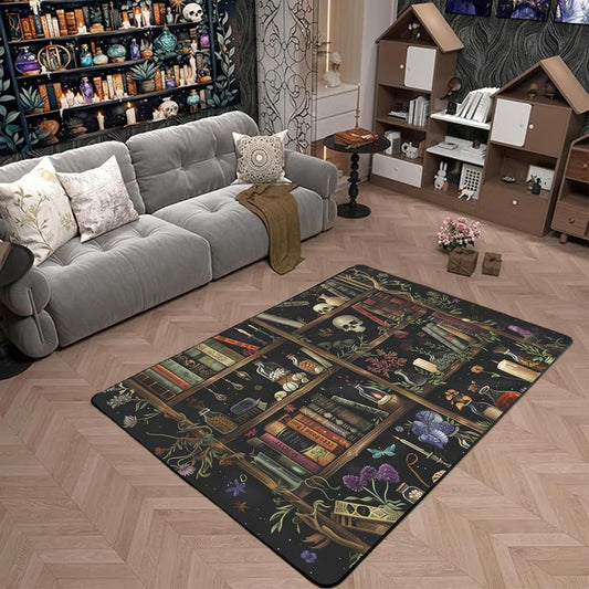 Rustic Botanical Flowers Area Rug,Vintage Halloween Bookcase Magic Book Living Room Rugs,Gothic Skull Vase Country Decor Non Slip Washable Decor Carpet for Indoor Outdoor 3'x5'x0.39''