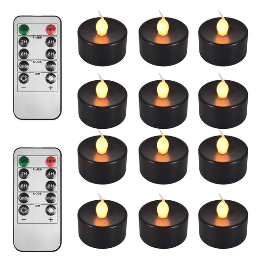 ODTRAM Black Tea Lights Candles Battery Operated: 12-Pack with Remote Control and Auto Timer, Realistic Flickering LED for Wedding, Halloween, Christmas & Home Decor