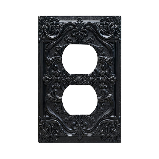 CZRPKEN Decorative Outlet Cover Black Luxury 3D Embossed Ornate Floral Design 1 Gang Duplex Light Switch Cover Plate Unique Wall Plate Electrical Switch Plate Covers for Elegant Home Wall Decor