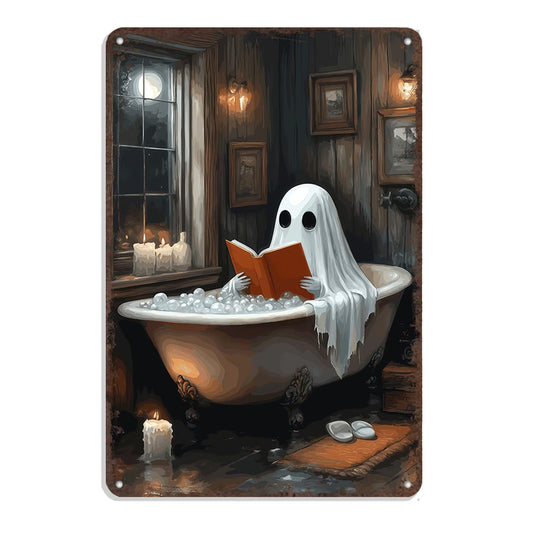 Vintage Halloween Decor - Ghost Reading In Bathtub Metal Sign, Dark Academia Bathroom Poster, Gothic Bath Art Print, Retro Aluminum Wall Sign 8x12 Inch