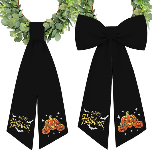 2 Pcs Halloween Wreath Sash Pumpkin Black for Front Door Embroidery Ribbon Sash for Yard Porch Doorway Decor Indoor Outdoor Party Decoration