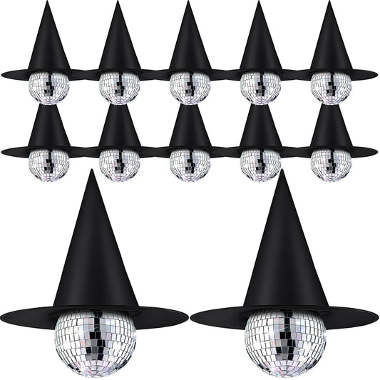 Seematn 12 Set Halloween Mirror Disco Ball Hanging Decor with Witch Hats, Halloween Hanging Decorations for Party Stage Club Ballroom Dance Hall Prom Props