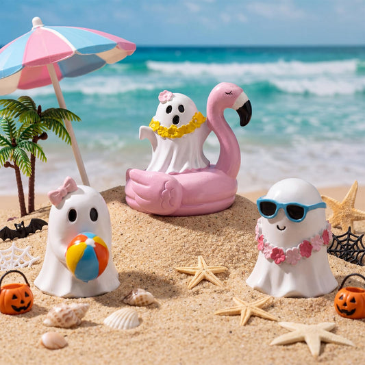 Amyhill 3 Pcs Summer Halloween Ghost Decor Set Ghost Figurines 2.8" Cute Tropical Beach Resin Statues with Flamingo Float Garland Sunglasses Mini Spooky Tiered Tray Decor for Home Office Shelf