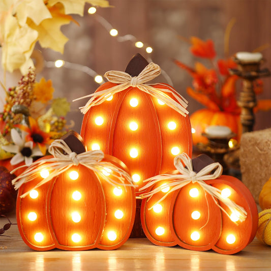 Grinsvalley 3 Pcs Light up Fall Pumpkin Decor Table Centerpieces Wooden Pumpkin Block Sign Rustic Tiered Tray Decorations Standing for Autumn Harvest Farmhouse Fall Mantel Desk Office Party