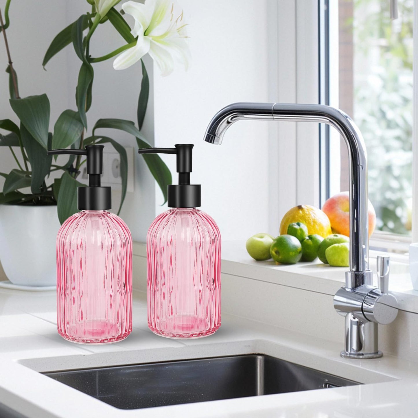 YTDTKJ Pink Glass Soap Dispenser Set with Black Plastic Pump, 400ml/13oz Refillable Liquid Hand Soap Dispenser, Kitchen Dish Soap dispensers for Lotion, Shower & Shampoo, Home, Hotel (2 Pack)