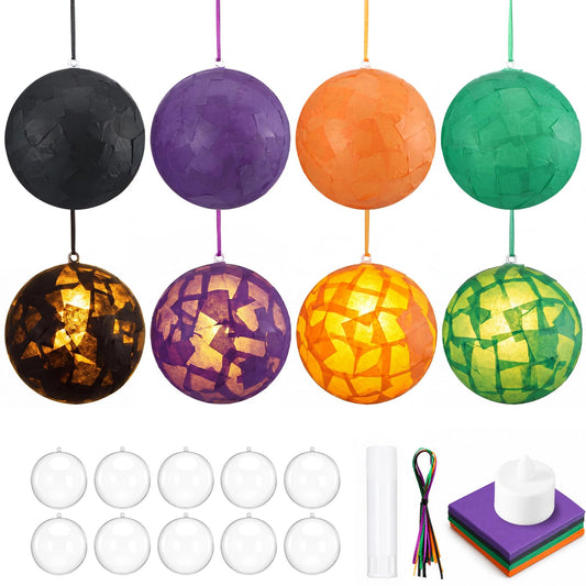 Simgoing 12 Sets Halloween Crafts with LED Candlelight DIY 3D Tissue Paper Lantern Hanging Decoration Suncatchers Lanterns Craft Kits for Halloween Party Decors Home Activity