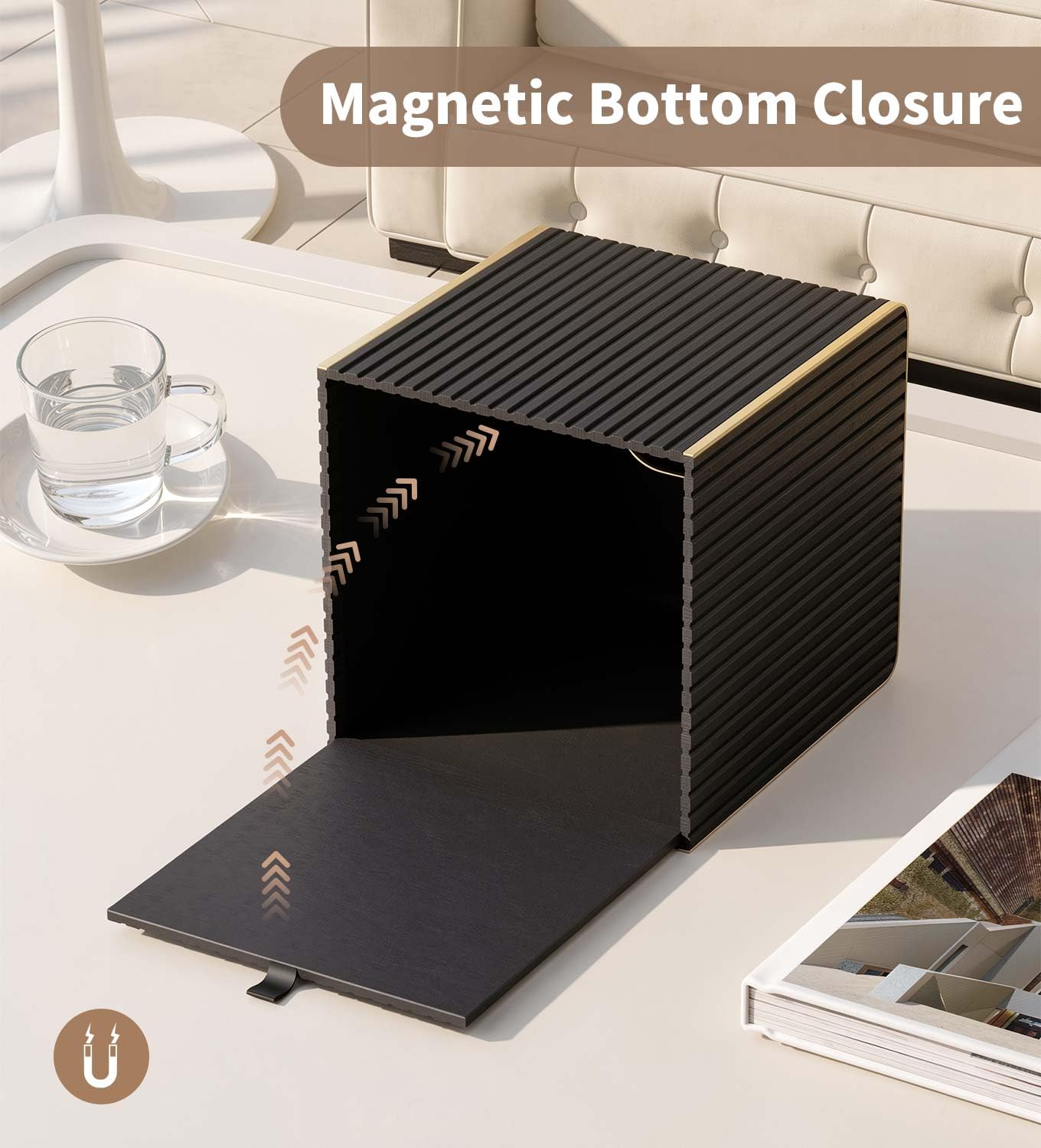 Tissue Box Cover Square with Magnetic Closure, PU Leather Tissue Box Holder with Gold-Tone Edging for Bathroom Vanity Countertop Night Stands Bedroom Office Desk, Modern Home Decor (Blacks)