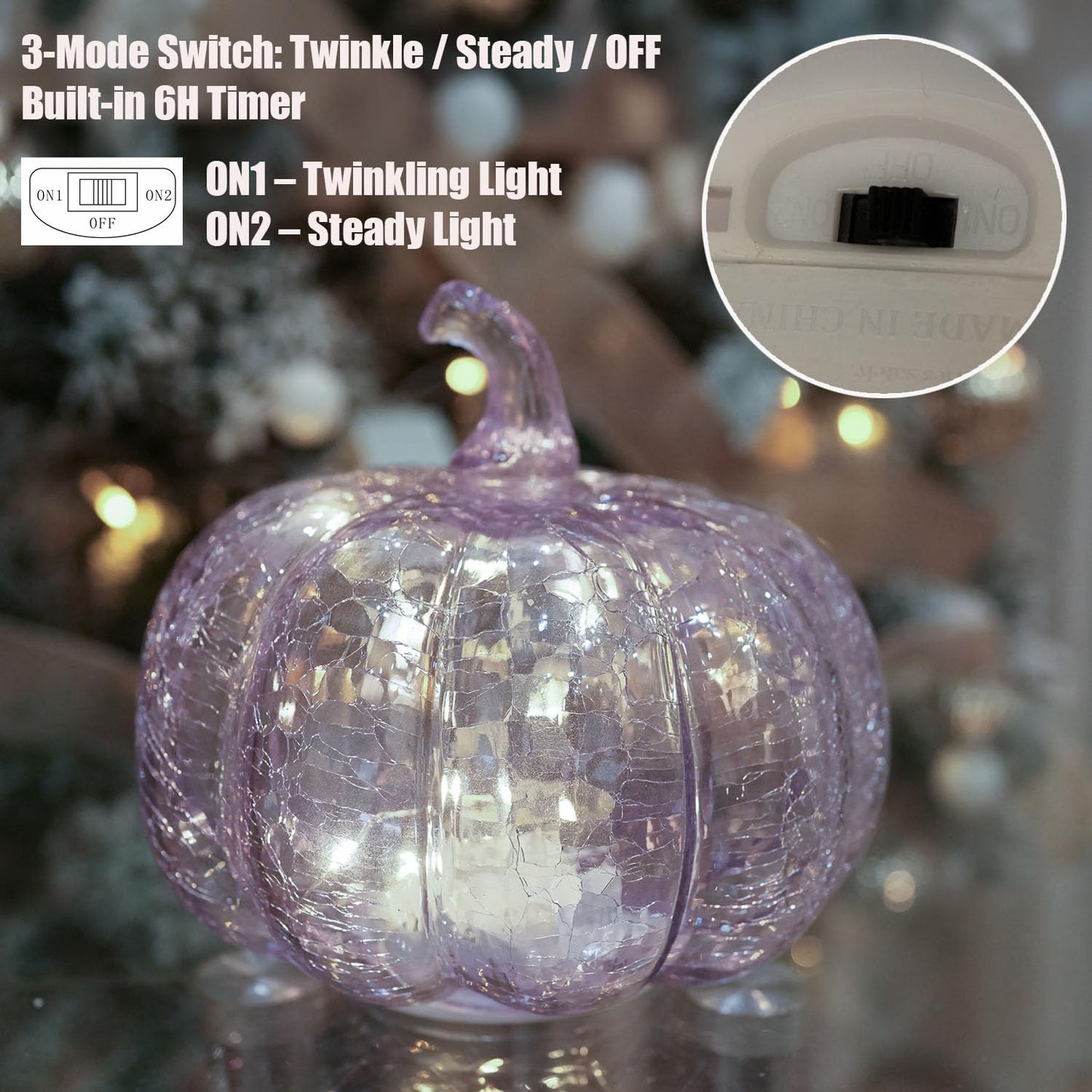 hvfun Handcrafted Lavender Crackle Glass Pumpkin Light, LED Battery Operated Table Décor with 6H Timer, Twinkle & Steady Modes, Elegant Fall & Holiday Decoration