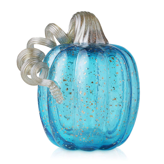 Glitzhome Hand Blown Glass Pumpkin Decor 6" Blue - Artisan Fall Table Centerpiece for Thanksgiving Harvest Home Decor Halloween Displays