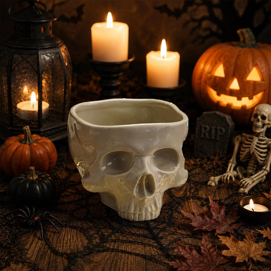 TALLGIRA Food Safe Ceramic Skull Bowl, Halloween Candy Bowl for Cereal Pasta Ice Cream, Microwave Dishwasher Skeleton Head Desk Decor (300, ml/min)
