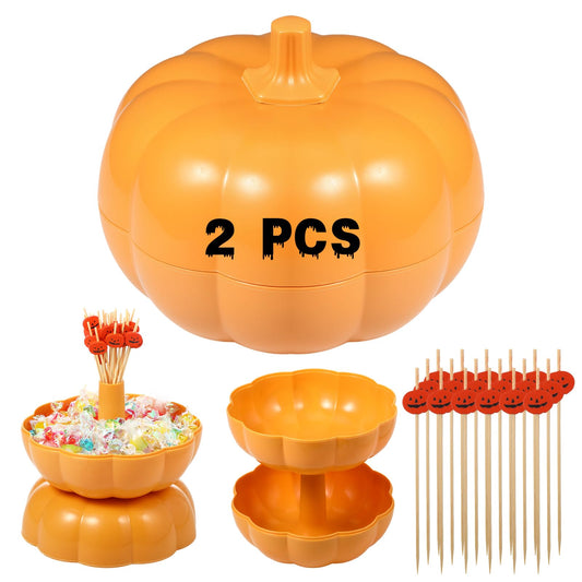 Potchen 2 Set 2 Tier Thanksgiving Fall Pumpkin Snack Bowl Stackable Snack Tray with Lid Stickers Toothpicks Pumpkin Serving Dishes Candy Box Fruit Container for Thanksgiving Party Decoration Xmas Gift