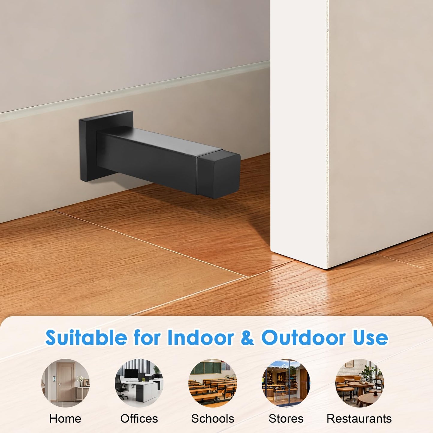 Door Stoppers, Black Door Stops for Wall Doorstop with Rubber Bumper Tips, 2 Pack, Square